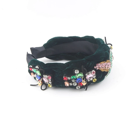 Cerchietto Largo in Velluto Intrecciato Vintage Con Strass Colorati Perline Ricamate Fascia per Capelli Ciondolo a Cuore Donna
