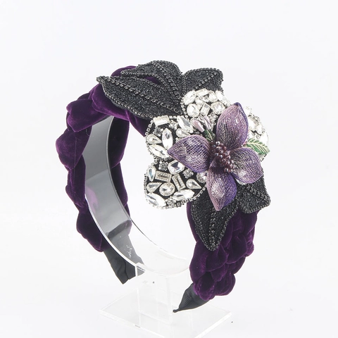 Diadema de Terciopelo Púrpura Trenzada Vintage Con Flor de Strass Grande Diadema de Perlas Elegante Accesorios Pelo Fiesta Mujer