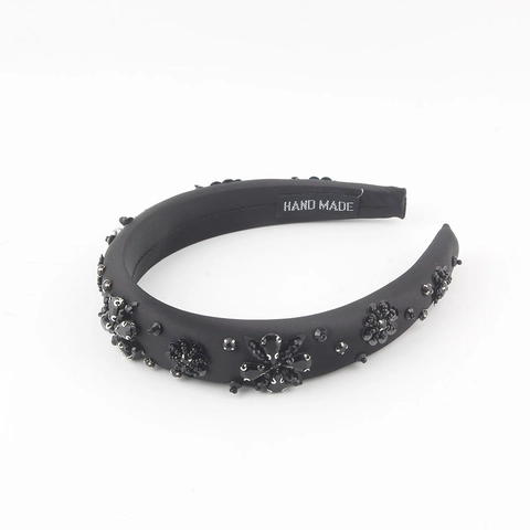 Handgefertigter Schwarzer Perlen Haarreif Gepolstert Für Damen Elegant Blumen Strass Pailletten Haarband Retro Luxus Haarschmuck