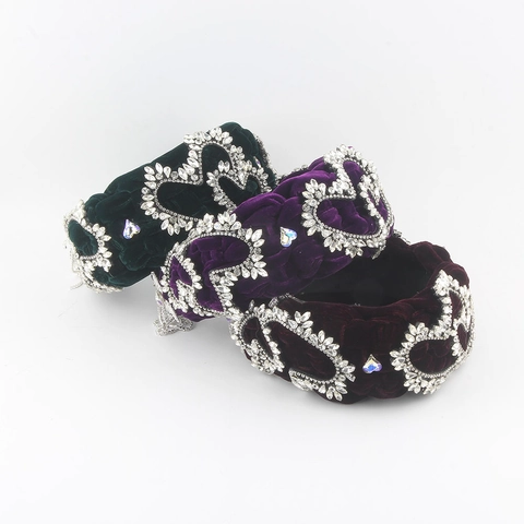 Cerchietto Intrecciato in Velluto di Lusso Con Nappe a Cuore in Strass Accessorio per Capelli Vintage a Tesa Larga per Donna