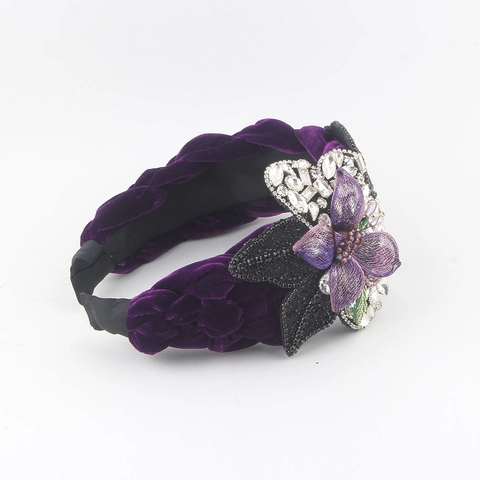 Diadema de Terciopelo Púrpura Trenzada Vintage Con Flor de Strass Grande Diadema de Perlas Elegante Accesorios Pelo Fiesta Mujer