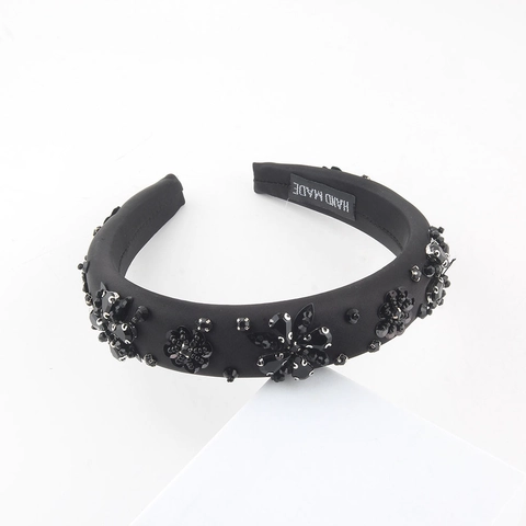 Handgefertigter Schwarzer Perlen Haarreif Gepolstert Für Damen Elegant Blumen Strass Pailletten Haarband Retro Luxus Haarschmuck