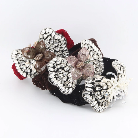 Diadema Trenzada de Terciopelo con Borde Ancho Brillante Strass Flores de Malla Lazo Accesorios para el Cabello Mujer Fiesta Boda