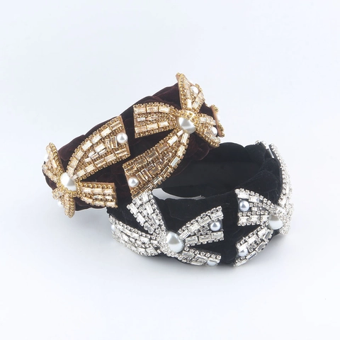 Cerchietto Largo in Velluto Vintage di Lusso Con Fiocco di Strass e Perla Artificiale Accessori Moda Capelli per Donna Festa