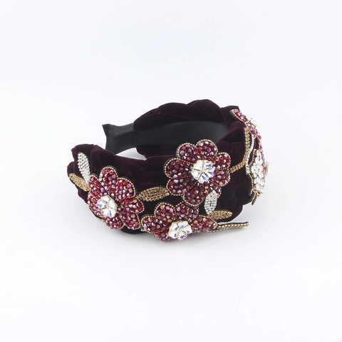 Cerchietto Intrecciato in Velluto Barocco di Lusso per Donna Fatto a Mano Fiore di Strass Spesso Fascia Larga Accessori Capelli