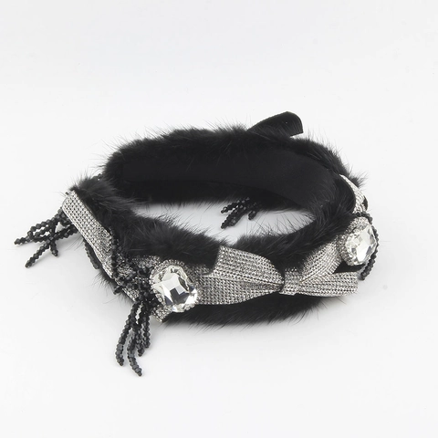 Diadema Ancha de Lujo de Piel de Visón Sintética Con Lazo de Strass y Borlas Accesorio para el Cabello Vintage para Mujer Fiesta