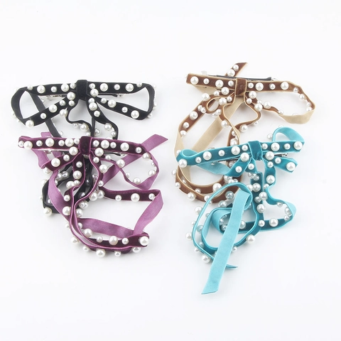 French Elegant Velvet Bow Hair Clip With Faux Artificial Pearls And Long Ribbons Vintage Styling Spring Clip For Women Hair Accessories