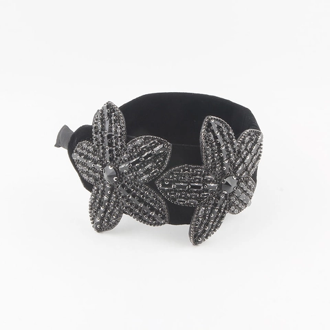 Cerchietto Largo in Velluto Nero Barocco di Lusso Con Decorazione a Fiore in Strass Grandi Eleganti Accessori per Capelli