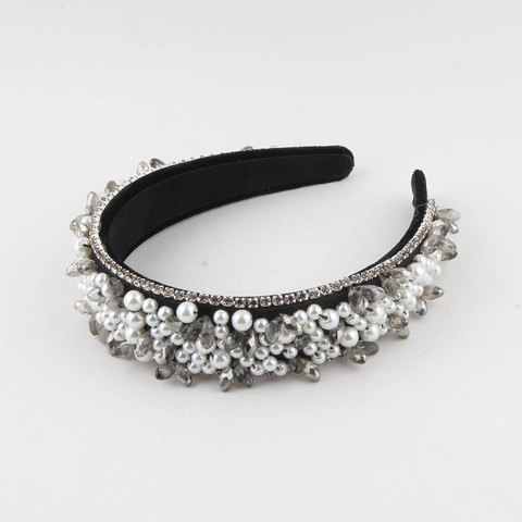 Luxury Baroque Handmade Beaded Crystal Faux Artificial Pearl Wide Headband Retro Velvet Hair Hoop For Women Wedding Party Jewelry
