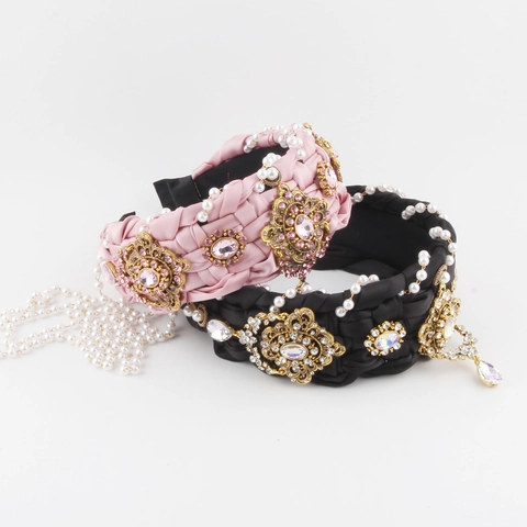 Cerchietto Largo Intrecciato Barocco Con Künstliche Perle Strass Lega Fiore Satine Fascia Capelli Matrimonio Festa Donna Retrò Palazzo Lusso