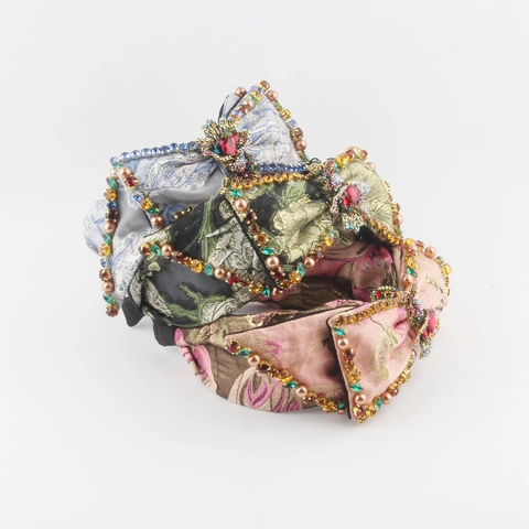 Cerchietto Barocco Vintage Largo in Tessuto Jacquard Con Fiocco Strass e Künstliche Perle Sintetiche Accessori per Capelli Donna Lusso