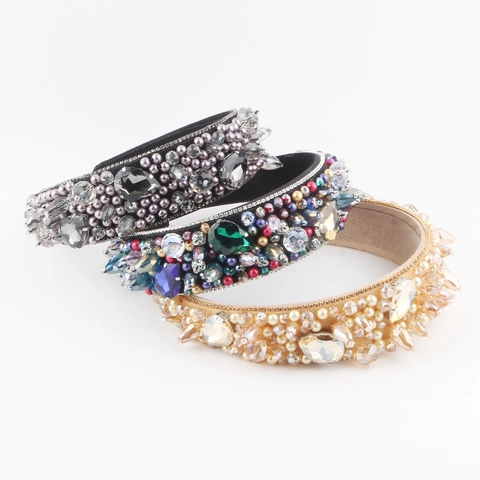 Baroque Padded Headband For Women Luxury Fabric Rhinestone Artificial Pearl Wide Hair Band Retro Palace Style Hair Accessory