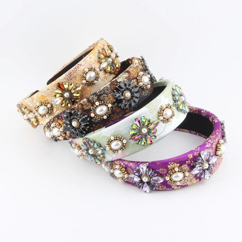 Cerchietto Largo Barocco in Tessuto Non Tessuto con Strass e Perle Artificiali Intarsiate Gioiello Vintage di Lusso per Capelli Donna