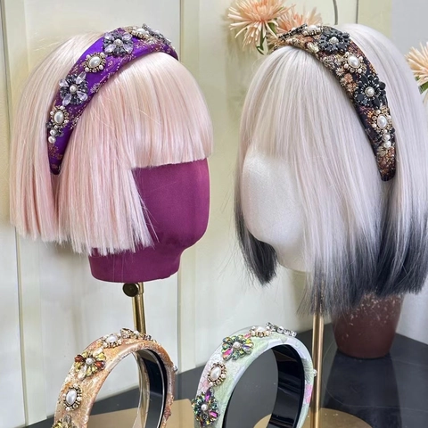 Cerchietto Largo Barocco in Tessuto Non Tessuto con Strass e Perle Artificiali Intarsiate Gioiello Vintage di Lusso per Capelli Donna