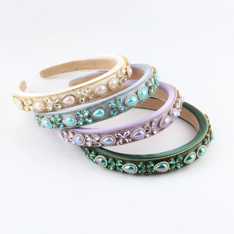 Diadema Acolchada Barroca con Pedrería de Lujo en Tela de Satén Banda para el Cabello Ancha Retro con Gemas y Cristales para Mujer