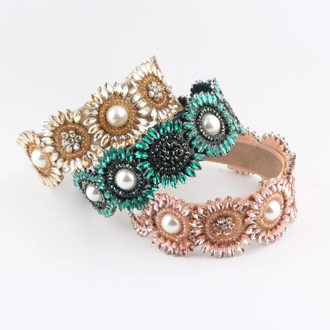 Vintage Baroque Rhinestone Flower Headband For Women Luxury Artificial Pearl Padded Hair Hoop Wedding Party Hair Accessories
