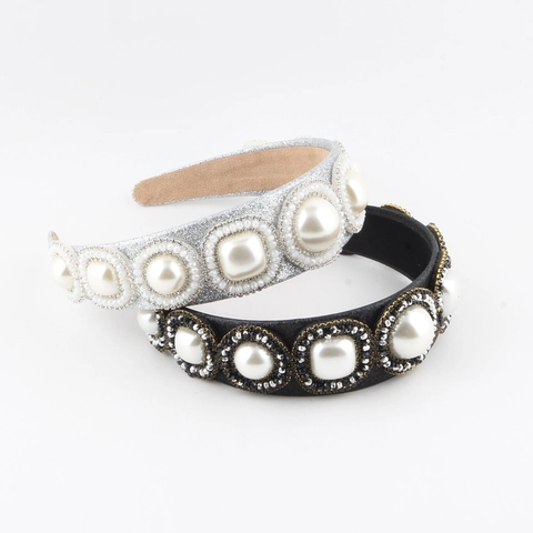 Cerchietto in Tessuto Moda Coreana Con Grandi Perle Artificiali Strass Elegante Fascia per Capelli Glitter per Donna Gioielli