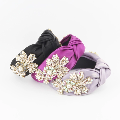 Fashion Wide Knotted Non-Woven Headband Women Hand-Sewn Artificial Pearl Rhinestone Flower High Top Luxury Hair Accessory