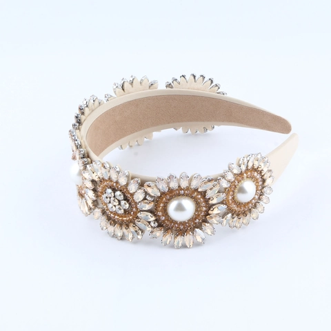Vintage Baroque Rhinestone Flower Headband For Women Luxury Artificial Pearl Padded Hair Hoop Wedding Party Hair Accessories