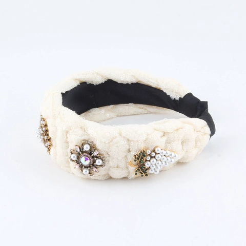 Baroque Padded Wide Headband For Women Vintage Braided Sequin Hair Band With Rhinestone Artificial Pearl Floral Decor