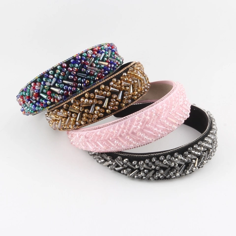 Baroque Padded Thick Sponge Headband Luxury Rhinestone Beads Fabric Hair Band For Women Wedding Party Fashion Hair Accessory