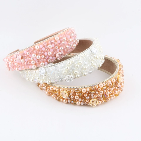 Vintage Baroque Padded Headband With Artificial Pearls Rhinestones And Fabric Flowers Wide Sponge Hair Hoop For Women Jewelry