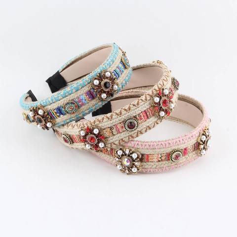 Diadema de Punto Bohemio para Mujer Banda para el Cabello Tejida de Lana de Color Mixto Con Perla Artificial Accesorios para el Cabello de Estilo Étnico Vintage