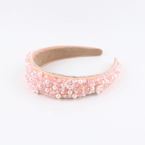 Vintage Baroque Padded Headband With Artificial Pearls Rhinestones And Fabric Flowers Wide Sponge Hair Hoop For Women Jewelry