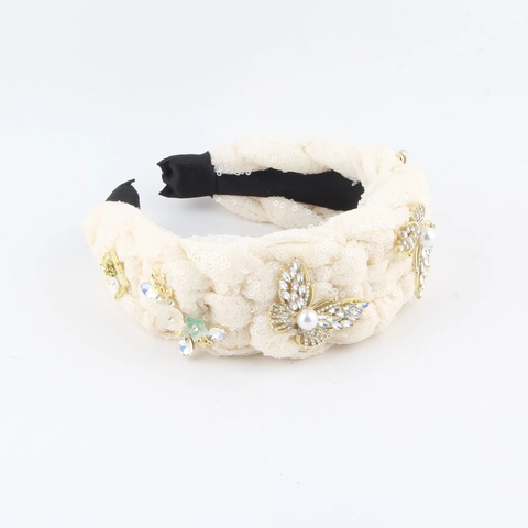 Luxury Sequin Cloth Knotted Headband For Women With Artificial Pearl Rhinestone Butterfly Decor High Top Padded Hair Band