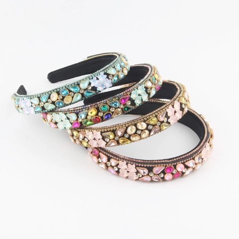 Vintage Luxurious Wide Fabric Rhinestone Headband For Women Colorful Crystal Flower Hair Hoop Wedding Party Hair Accessories