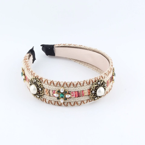 Women Vintage Bohemian Woven Headband With Rhinestone Artificial Pearl Ethnic Style Knitted Hair Band Retro Hair Accessories