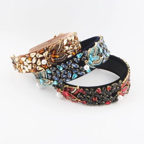 Baroque Wide Sponge Headband Luxurious Rhinestone Artificial Pearl Butterfly Headpiece For Women Wedding Party Hair Jewelry