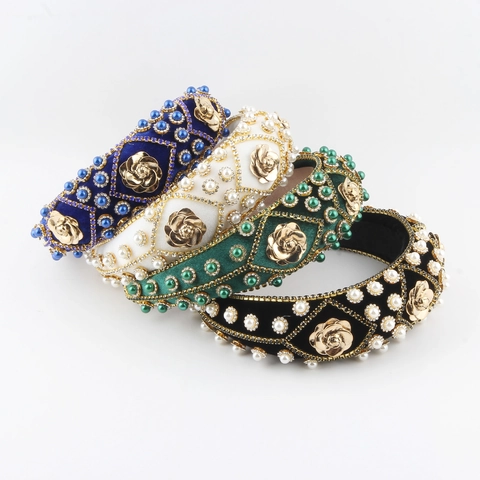 Baroque Vintage Velvet Padded Headband For Women Luxury Faux Artificial Pearl Rhinestone Metal Rose Wide Hair Hoop Accessory