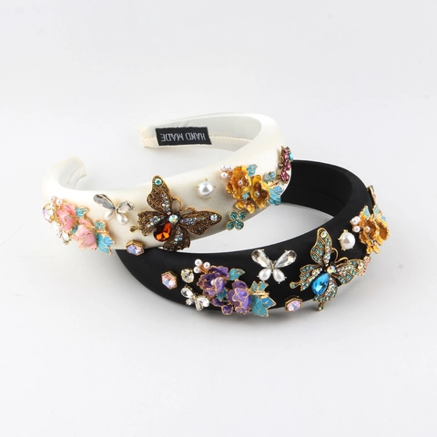 Cerchietto Barocco Vintage Fiore Farfalla Strass Perla Artificial Raso Accessori Capelli Lusso Per Donna