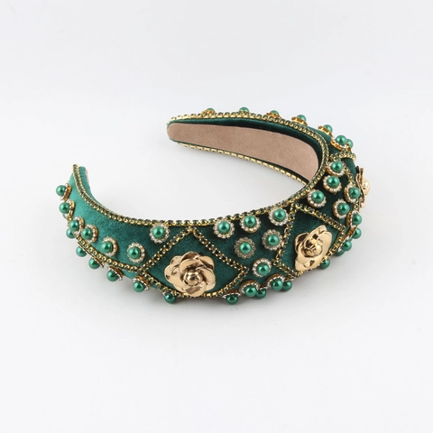 Baroque Vintage Velvet Padded Headband For Women Luxury Faux Artificial Pearl Rhinestone Metal Rose Wide Hair Hoop Accessory
