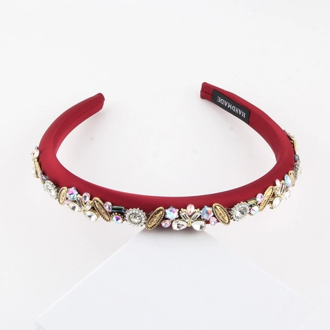 Cerchietto Imbottito con Strass di Lusso Fatto a Mano in Tessuto di Raso con Cristalli Künstliche Perle Foglie di Metallo per Donna