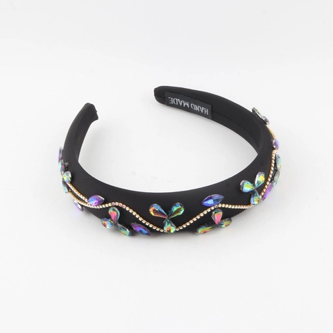 Baroque Padded Headband With Rhinestone Flower Gold Chain Luxury Vintage Wide Fabric Hair Hoop For Women Party Banquet