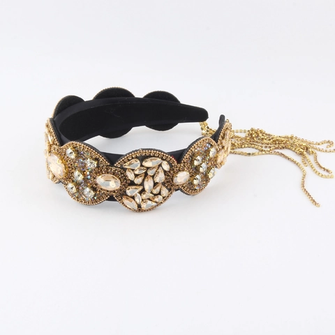 Diadema Barroca de Lujo con Strass Terciopelo Aleación Cristal Ancha Borla Cadena Geométrica Vintage Mujer Accesorios Cabello