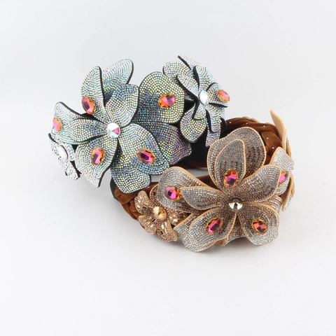 Vintage Baroque Luxurious Floral Rhinestone Headband For Women Pave Crystal Flower Wide Fabric Hair Hoop Party Accessories
