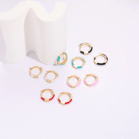 Simple 14k Gold Plated Copper Geometric Enamel Hoop Earrings For Women Inlaid Zirconia Elegant Colorful Jewelry Earrings