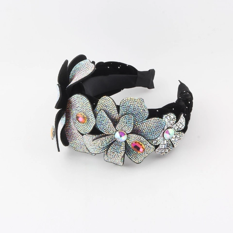 Vintage Baroque Luxurious Floral Rhinestone Headband For Women Pave Crystal Flower Wide Fabric Hair Hoop Party Accessories