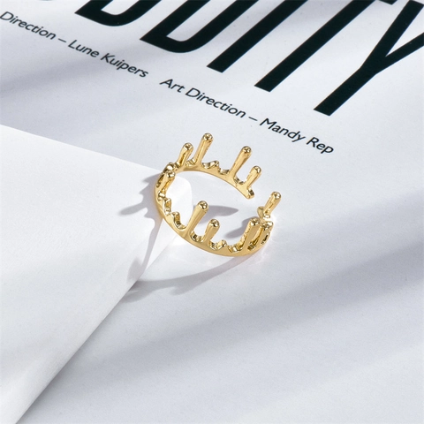 14K Vergoldeter Kupfer Geschmolzene Lava Tropfen Krone Offener Ring Für Damen Verstellbar Flüssigmetall-Stil Mode Schmuck Ring Geschenk