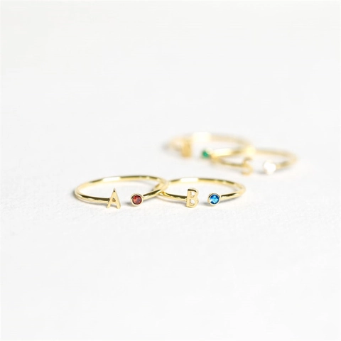 Personalized Initial Letter Open Ring Gold Plated Copper Colorful Zircon Adjustable Band Jewelry For Women Birthday Gift