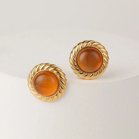 Orecchini a Bottone Retrò Francesi in Rame Placcato Oro 14K Resina Ambra Rotonda Con Perno in Argento Sterling 925 Donna