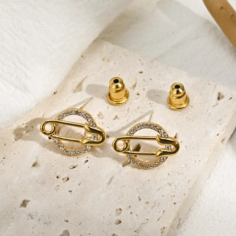 Geometrische Veiligheidsspeld Oorknopjes 14K Verguld Messing Zirkonia Cirkel Oorbellen Voor Dames Trendy Sieraden