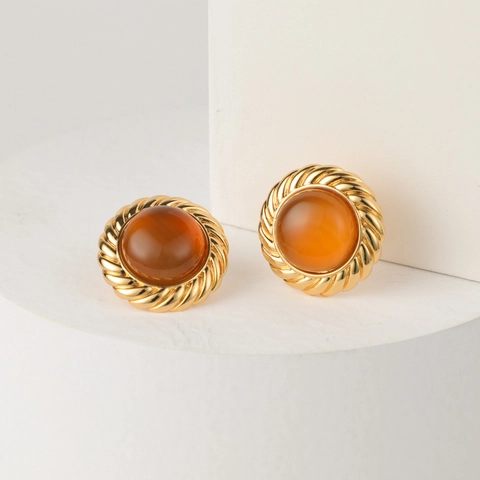 Orecchini a Bottone Retrò Francesi in Rame Placcato Oro 14K Resina Ambra Rotonda Con Perno in Argento Sterling 925 Donna