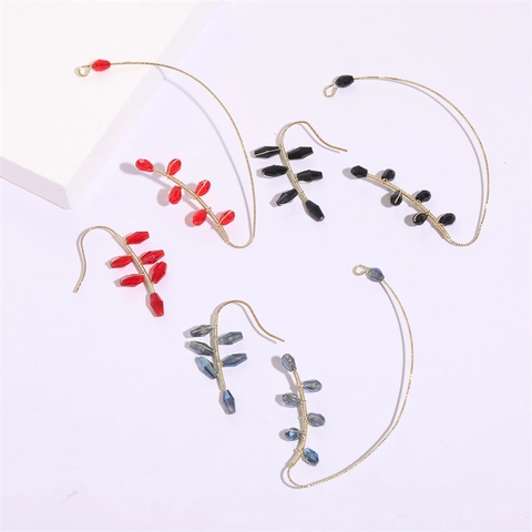 Boucles d'oreilles Pendantes Forme de Feuille en Fil de Cuivre Tissé avec Perles de Verre Style Forêt Plaquées Or 14K Femme
