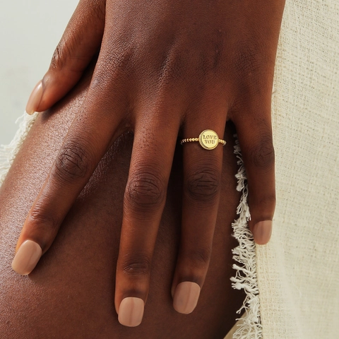 14K Vergoldeter Kupfer LOVE YOU Buchstabengravur Offener Ring Einfacher Perlenring Verstellbar Für Damen Valentinstag