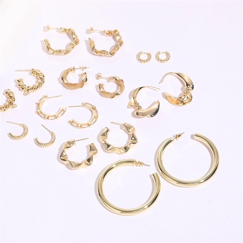Vintage 14K Gold Plated Copper C-Shaped Hoop Earrings For Women Exaggerated Geometric Twist Woven Round Circle Stud Earrings Jewelry