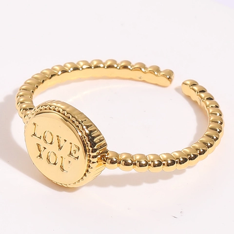 14K Vergoldeter Kupfer LOVE YOU Buchstabengravur Offener Ring Einfacher Perlenring Verstellbar Für Damen Valentinstag